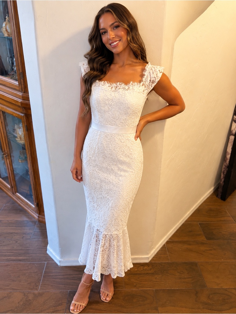 Lace Square-Neck White Maxi Dress with Fitted Waist wedding court house dress